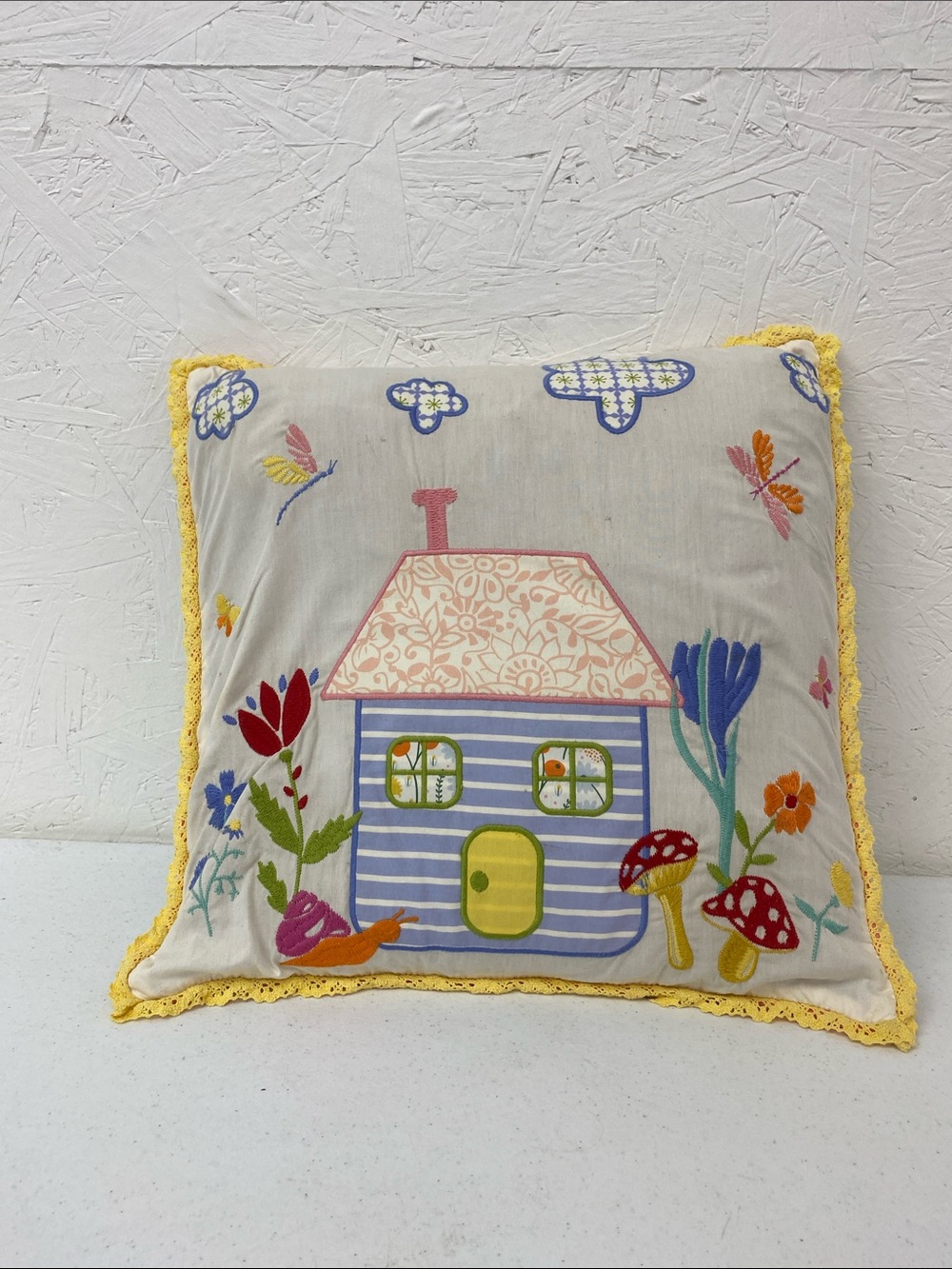 Decorative Cottage Embroidered Throw Pillow in Yellow and Multi Matilda Jane